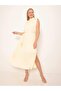 Stand Collar Sleeveless Lined Girdle Pleated Midi Premium Dress - 2