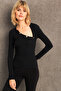 Women's Black Button Detailed Ribbed Knit Blouse Tf54 - 5
