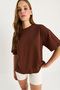 Women's Brown 100% Organic Cotton Relaxed Fit Slit Round Neck T-Shirt 60602047 - 3