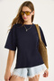 Women's Navy Blue 100% Organic Cotton Relaxed Fit Slit Round Neck T-Shirt 60602047