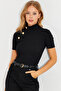 Women's Black Button Accent Ribbed Knit Blouse EY2560 - 3