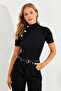 Women's Black Button Accent Ribbed Knit Blouse EY2560 - 8
