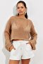 Women's Camel Spanish Sleeve Openwork Knitwear Short Blouse SMT181 - 2