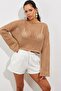 Women's Camel Spanish Sleeve Openwork Knitwear Short Blouse SMT181 - 5