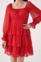 Skirt Floor Detail Waist Elastic Lined Chiffon Fabric Red Dress 078 - 7