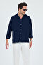 Linen Textured Oversize Men's Shirt Navy Blue Long Sleeve - 3