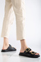 Women's Black Double Strap Buckle Detailed Slippers - 2