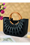 Lattice Cutout Design Handle Bag Drawstring Closure Lined Casual Chic Tote Black Women's Hand Bag - 2