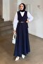 Button Detailed Sleeveless Hijab Dress Navy Blue