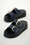 Dallas Buckle Women's Leather Flat Sole Slippers Navy Blue - 4