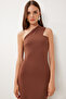 One Shoulder Saran Stretchy Woven Dress Brown Lfk0014 - 3