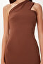 One Shoulder Saran Stretchy Woven Dress Brown Lfk0014 - 4
