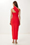 One Shoulder Saran Stretchy Woven Dress Red Lfk0014 - 5