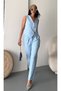 Women's Flower Button Detailed Classic Vest Trousers Suit Baby Blue - 2