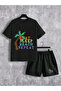 Unisex Cotton Black Crew Neck Comfortable T-Shirt / Shorts Set "Beach" Printed