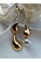 Gold Color Asymmetric Drop Model Pearl Detailed Modern Earrings - 2