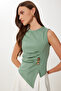 Buttoned Gathered Asymmetrical Cut Knitted Blouse Green Lfw0006 - 3