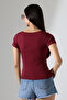 Rib Fabric Boat Neck Short Sleeve Basic Women's T-Shirt 21996 Claret Red - 4