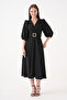 New Season Stretch Fabric Double Breasted Collar Stone Belt Design Women's Midi Dress 3602