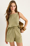 Women's Khaki Strappy Blouse Elastic Waist Pocket Detailed Shorts Self-Flower Embroidered Muslin Set 60282018