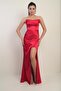 Women's Shiny Rope Strap Deep Slit Front Gathered Pleated Long Satin Evening Dress - 3