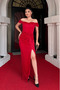 Glitter Tulle Fabric Gathered Detailed Evening Dress - Red - 2