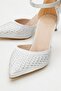 Stoned Pointed Toe Women's Heeled Shoes Silver Satin - 3
