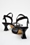 Women's Piping 3 Stone Heeled Sandals Black Satin - 4