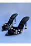Women's Gold Stone Heeled Pointed Toe Daily Slippers Black