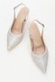 Stoned Pointed Toe Women's Heeled Shoes Silver Satin - 5