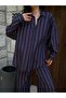 Women's Navy Blue Striped Wide Cut Viscose Fabric Shirt and Pants Bottom/Top Set 29046 - 2