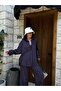 Women's Navy Blue Striped Wide Cut Viscose Fabric Shirt and Pants Bottom/Top Set 29046 - 4