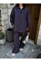 Women's Navy Blue Striped Wide Cut Viscose Fabric Shirt and Pants Bottom/Top Set 29046 - 7