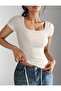 Y2K Model Square Collar Ribbed Short Sleeve Cotton Blouse - 3
