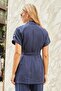 Women's Silky Modal Fabric Collar Off-Shoulder Epaulets Short Sleeve Button down Jacket with Waist Belt-Navy Blue - 3