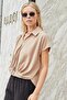 Stylish Fabric Collar Off-Shoulder Front Pleated Shirt Without Lycra-Mink - 2