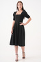 New Season Stretchy Crepe Fabric Short Sleeve Square Neck Midi Length Flared Cut Black Dress 080 - 7