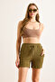 Women's Khaki Elastic Waist Pocket Textured Shorts Shrt-19000066 - 4