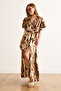 Women's Beige Brown Buttoned Belted Maxi Viscose Shirt Dress Elb-19002382 - 3