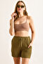 Women's Khaki Elastic Waist Pocket Textured Shorts Shrt-19000066