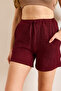Women's Burgundy Elastic Waist Pocket Textured Shorts Shrt-19000066 - 6