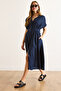 Women's Navy Blue Belted Hidden Placket Midi Bell Shirt Dress Elb-19002476