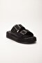 Women's Wedge Heeled Slippers Black Double Strap Stone Buckle - 4