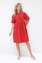 Women's Red Crew Neck Tie Detail Watermelon Sleeve Bidi Boy Poplin Dress Alc-X14222 - 3