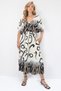 Women's Black-Beige Front Back V-Neck Patterned Skirt Flounced Summer Woven Dress Alc-X14199