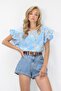 Blue Crew Neck Flounce Sleeves Patterned Woven Blouse Alc-X14241