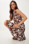 Women's Brown Bone Patterned Flounced Summer Crinkle Knitted Dress Iy00003