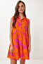 Women's Orange Pink Patterned Flounced Summer Viscose Dress İy00002 - 3