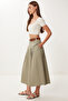 Women's Sage Green Belted Summer Flared Linen Skirt BV00161