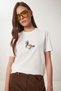 Women's Ecru Stone Detailed Embroidered Cotton Knitted T-Shirt Cr00521 - 2